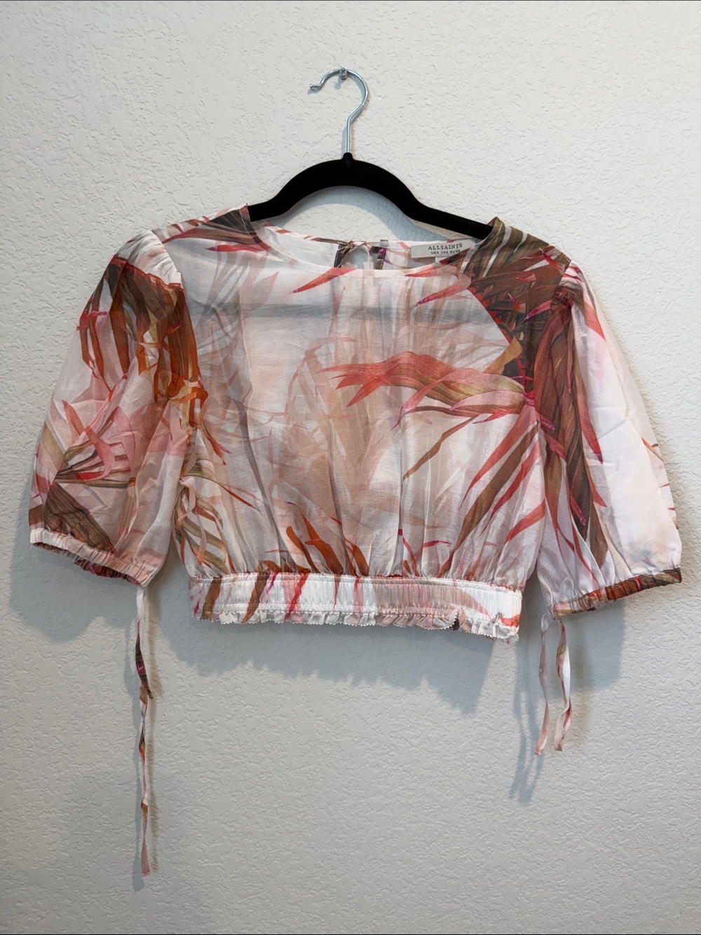 All Saints Pink & Brown Botanical Puff-Sleeve Crop Top